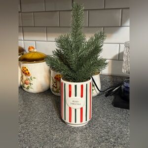 Festive Striped Ceramic Christmas Holiday Planter with Faux Pine 16 inches tall